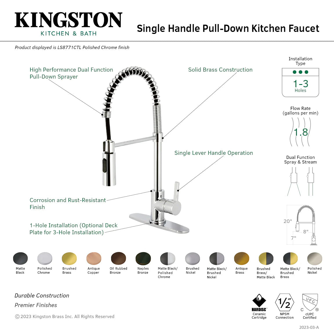 Single-handle pull-down kitchen faucet diagram on a product box with chrome finish