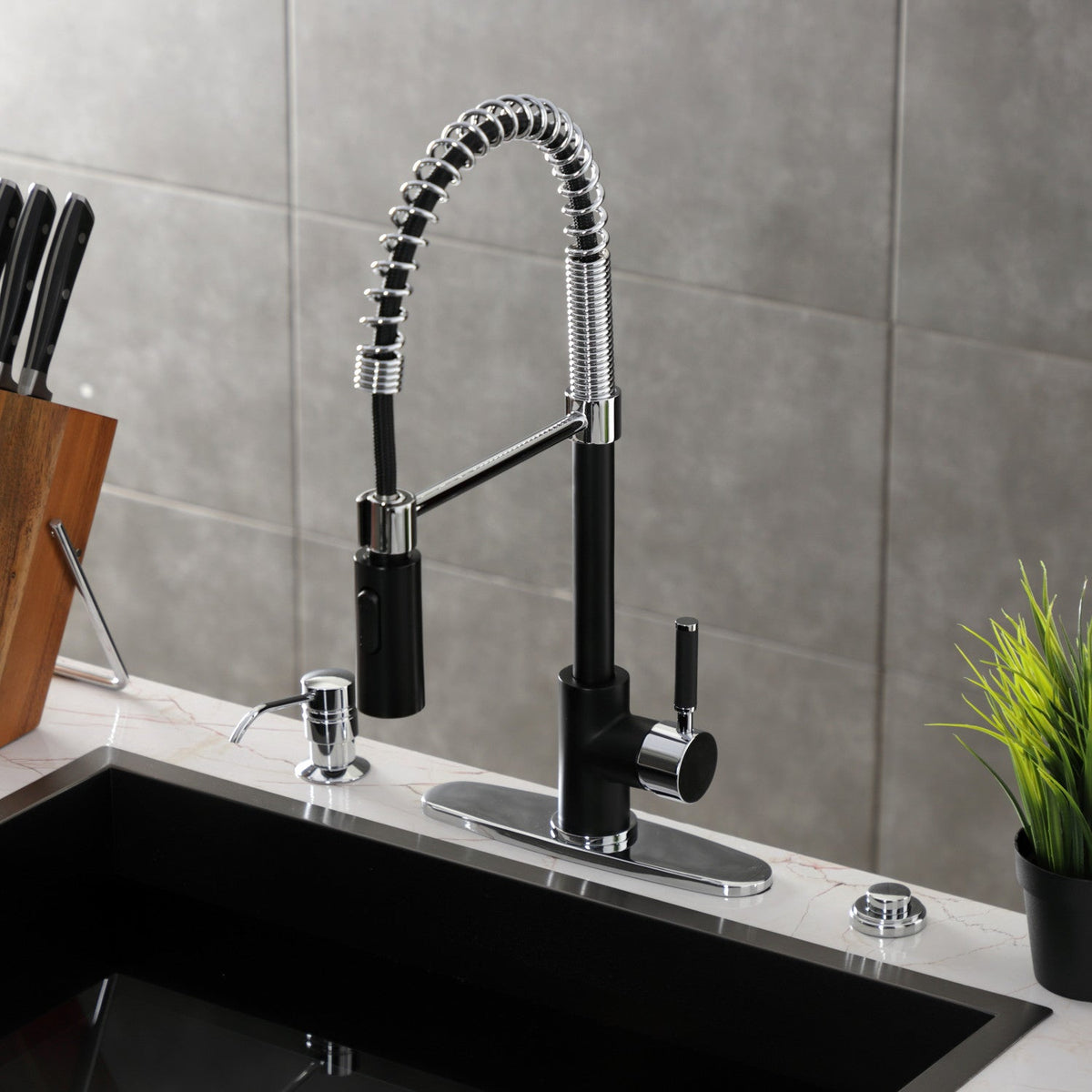 Gourmetier Kaiser Single-Handle Deck-Mount Pre-Rinse Kitchen Faucet in Matte Black/Polished Chrome