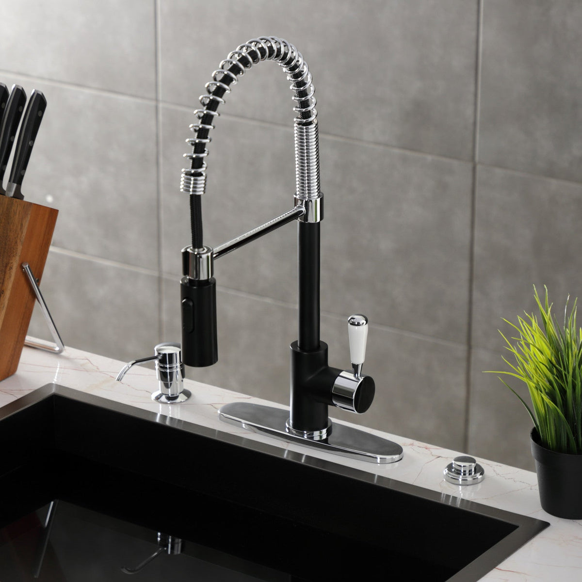 Gourmetier Paris Single-Handle Deck-Mount Pre-Rinse Kitchen Faucet in Matte Black/Polished Chrome