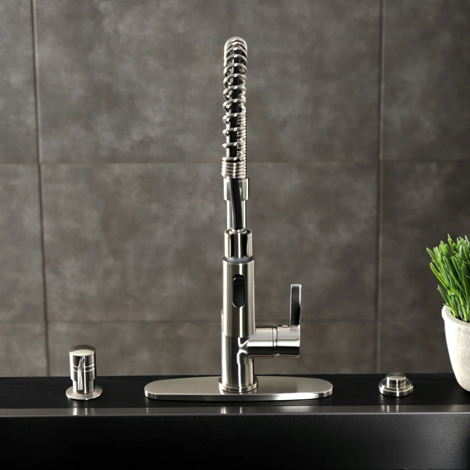 Brushed nickel deck-mount pre-rinse kitchen faucet with arched hose and single lever