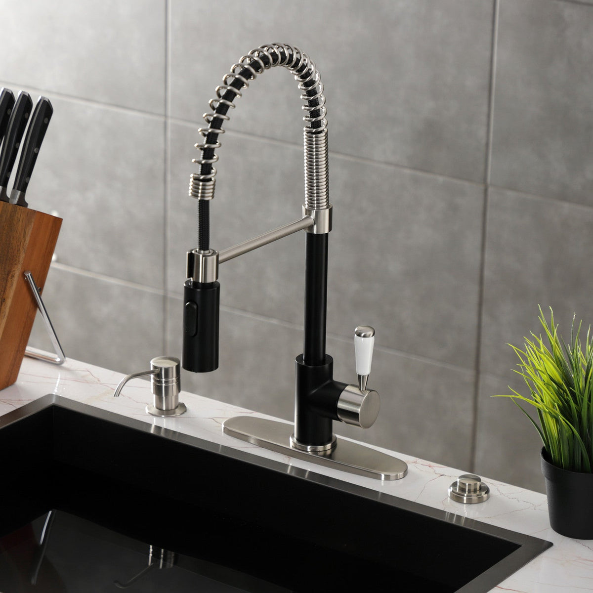 Gourmetier Paris Single-Handle Deck-Mount Pre-Rinse Kitchen Faucet in Matte Black/Brushed Nickel