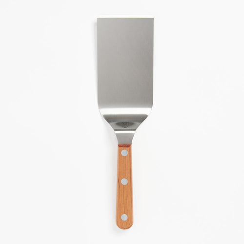 Steel spatula with wood handle and hanging holes