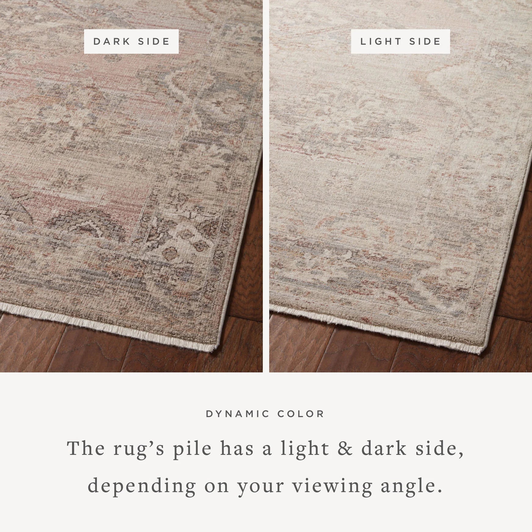 Rectangular area rug showing light and dark pile sides, distressed motifs, fringed edge
