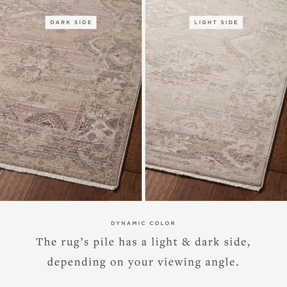 Blush and dove distressed rug with visible light and dark pile sides, fringed border