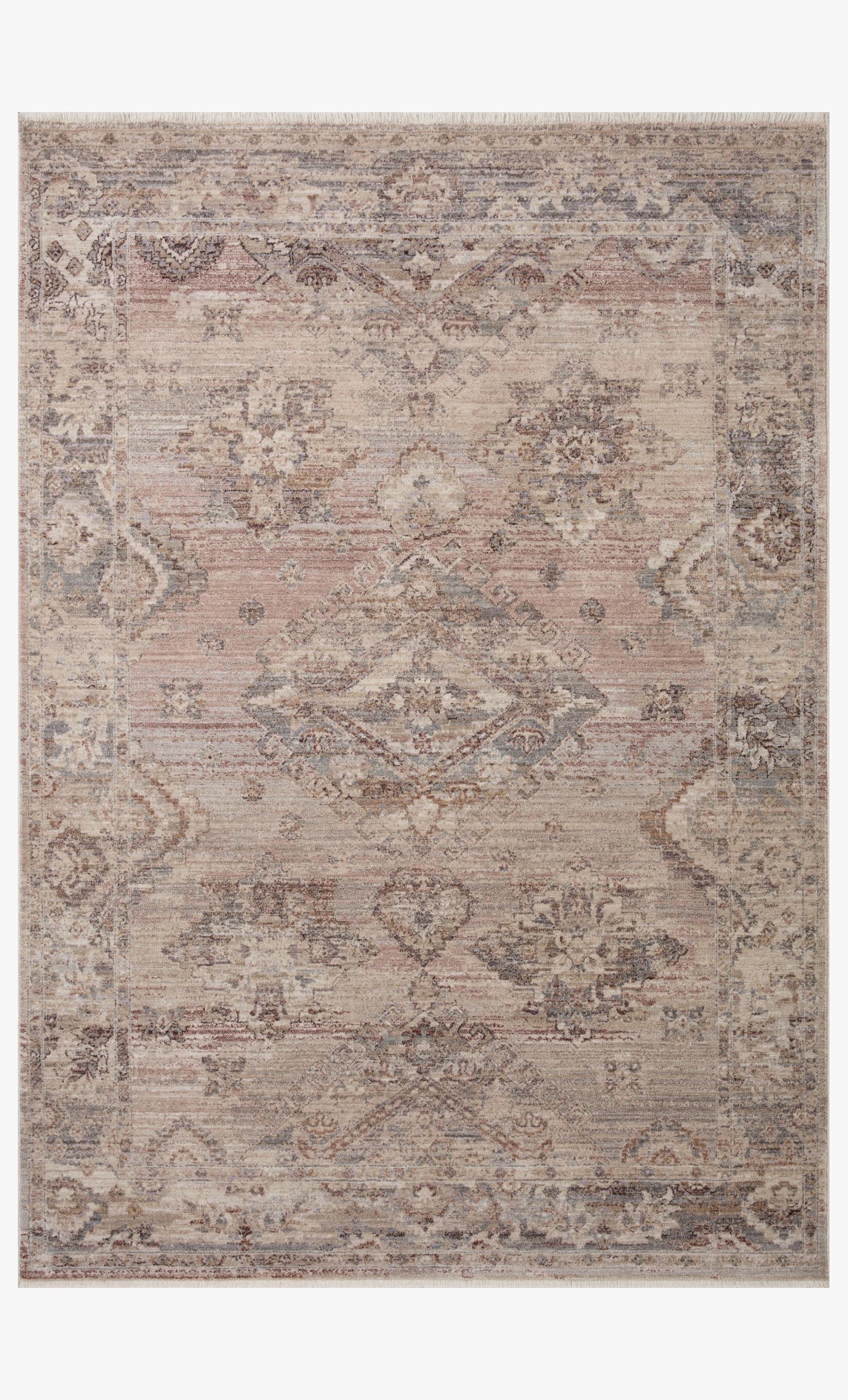 Rectangular blush and dove distressed rug with allover ornate pattern and border
