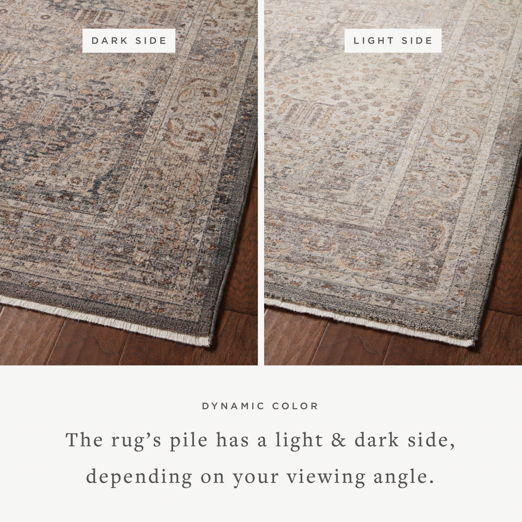 Reversible-looking area rug with distressed pattern on dark and light sides