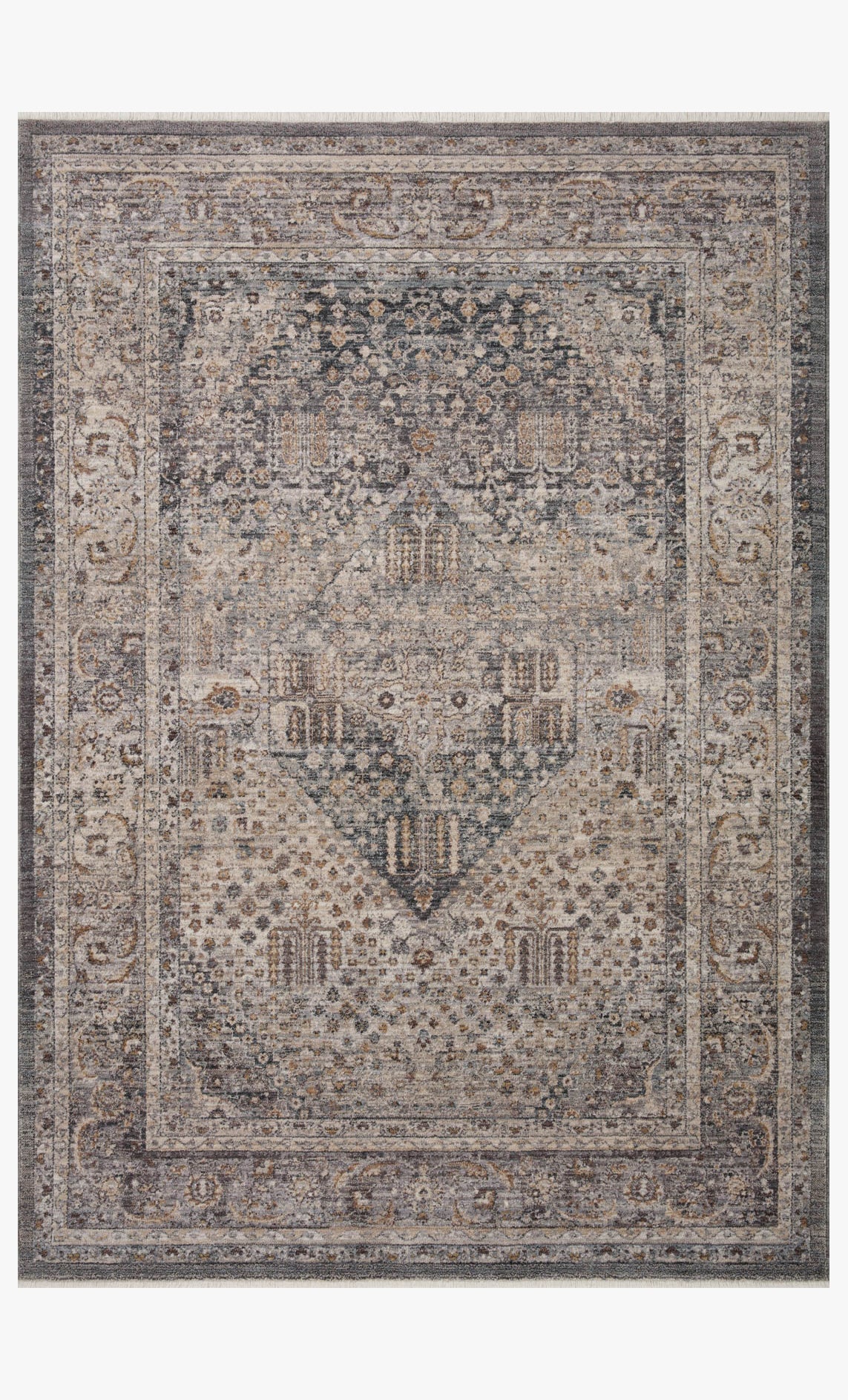 Ornate area rug with geometric medallion pattern in denim-gray and pebble-beige
