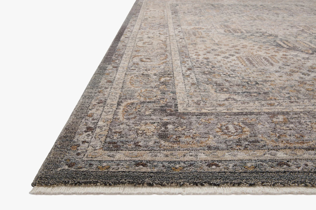 Denim and pebble runner rug with vintage medallion pattern and short fringe edges