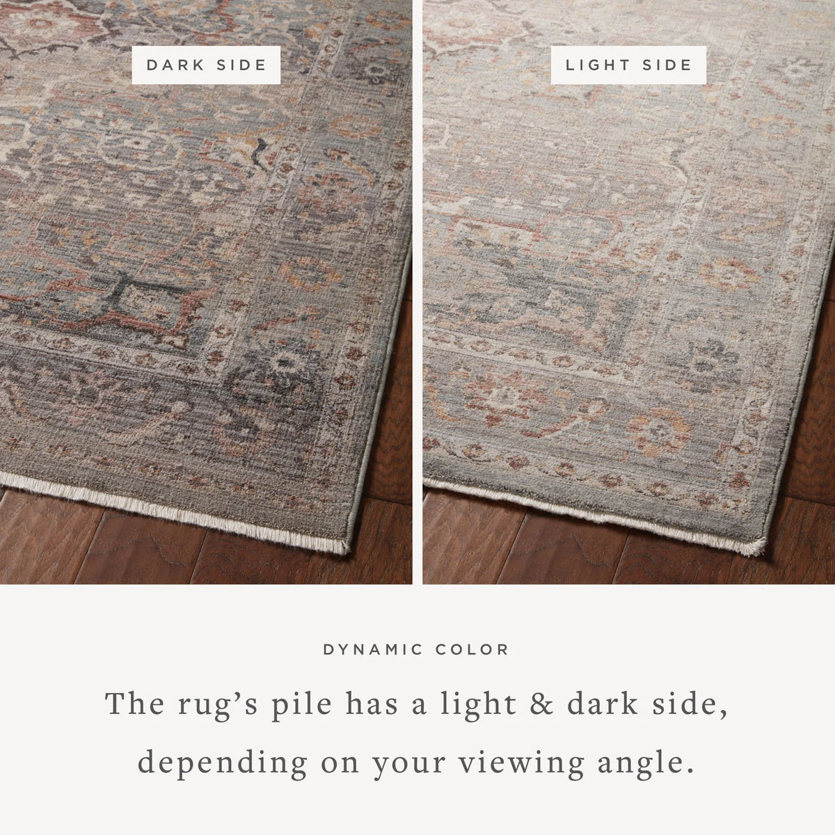 Runner rug showing light and dark sides; distressed blue-gray pattern with border