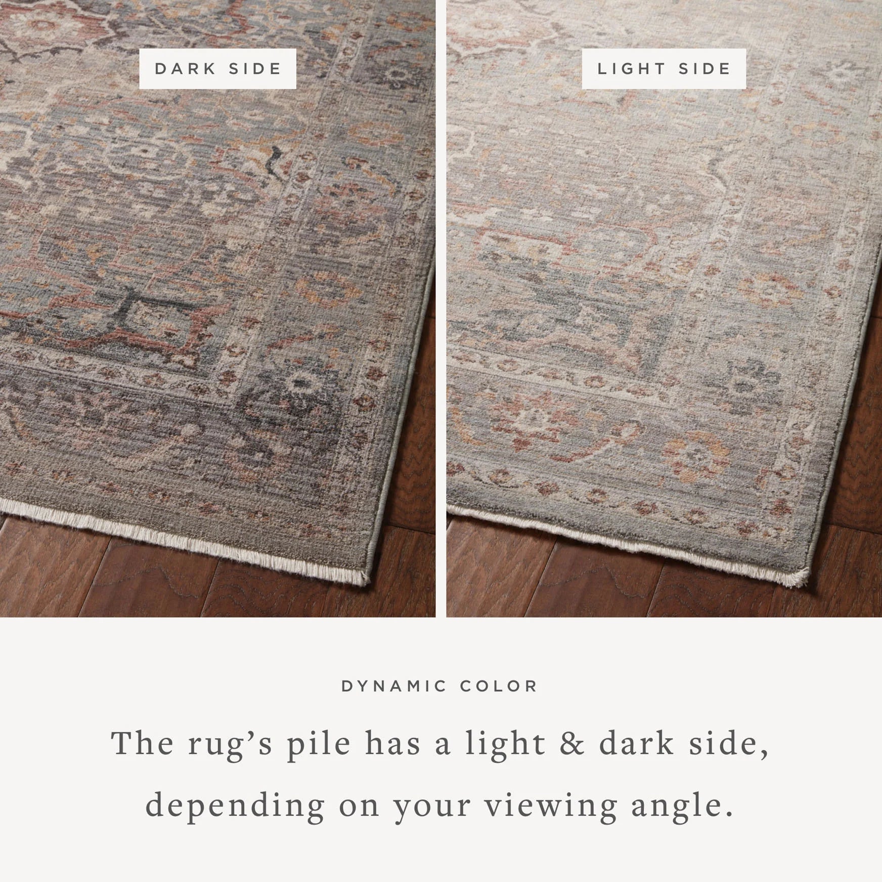 Accent rug corner showing dark and light sides of mottled pile, gray blue with warm accents