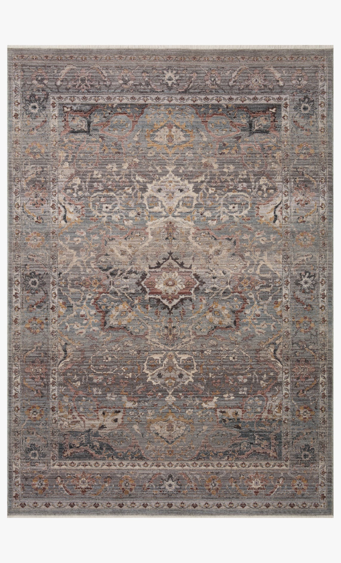 Round rug with blue-gray vintage medallion center, ornate border, low-pile texture