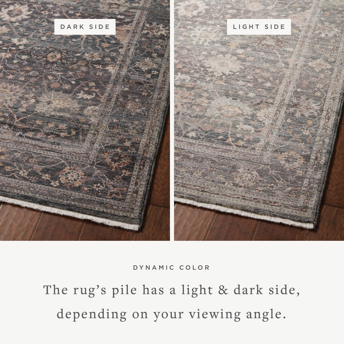 Area rug showing dark and light pile tones with geometric motifs and fringe edge