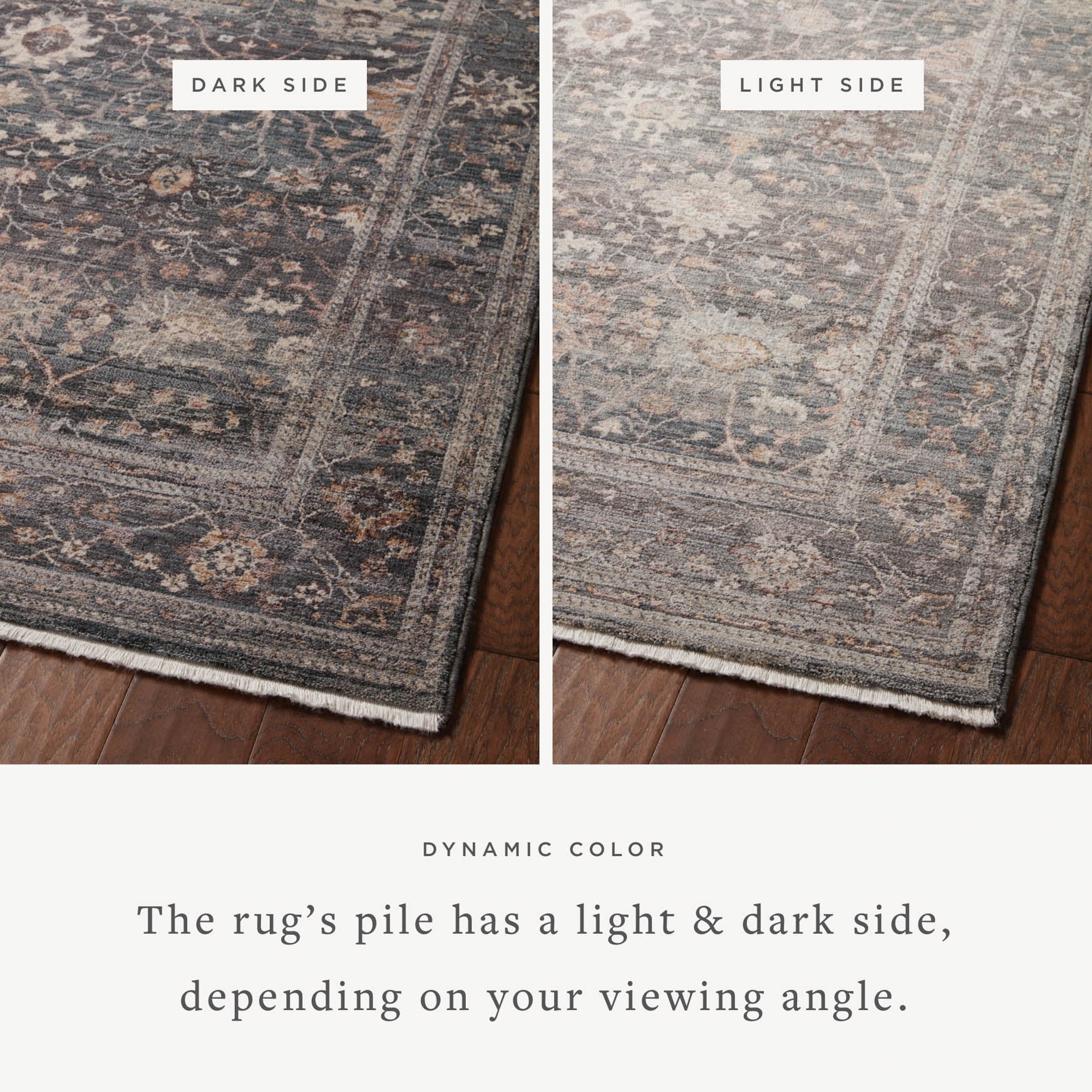 Patterned area rug with dark and light sides, distressed medallion design, gray base