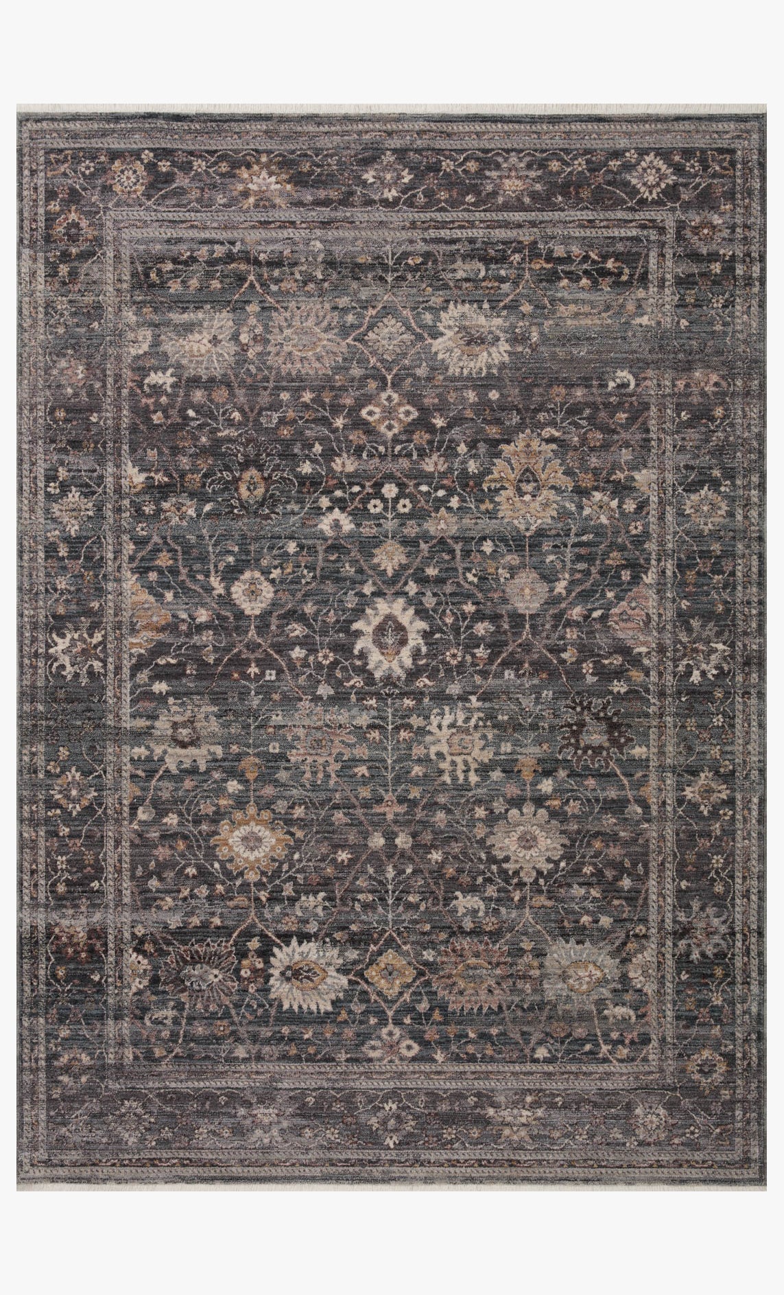 Rectangular area rug with navy and beige ornate medallion and border pattern.