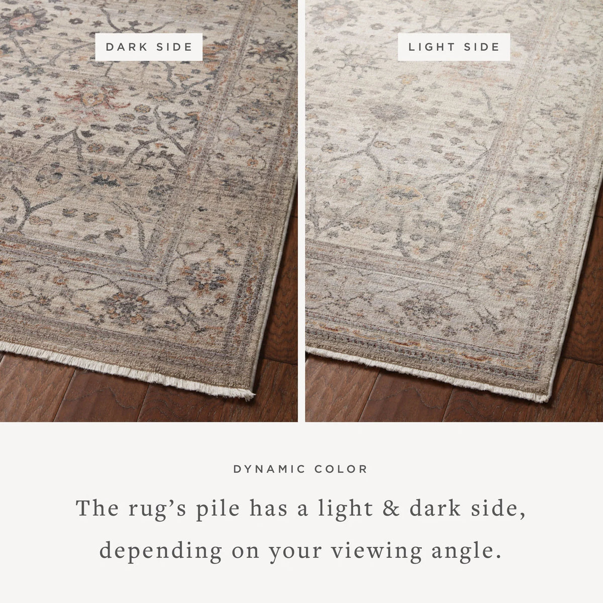Distressed vintage area rug showing lighter and darker pile tones from different angles