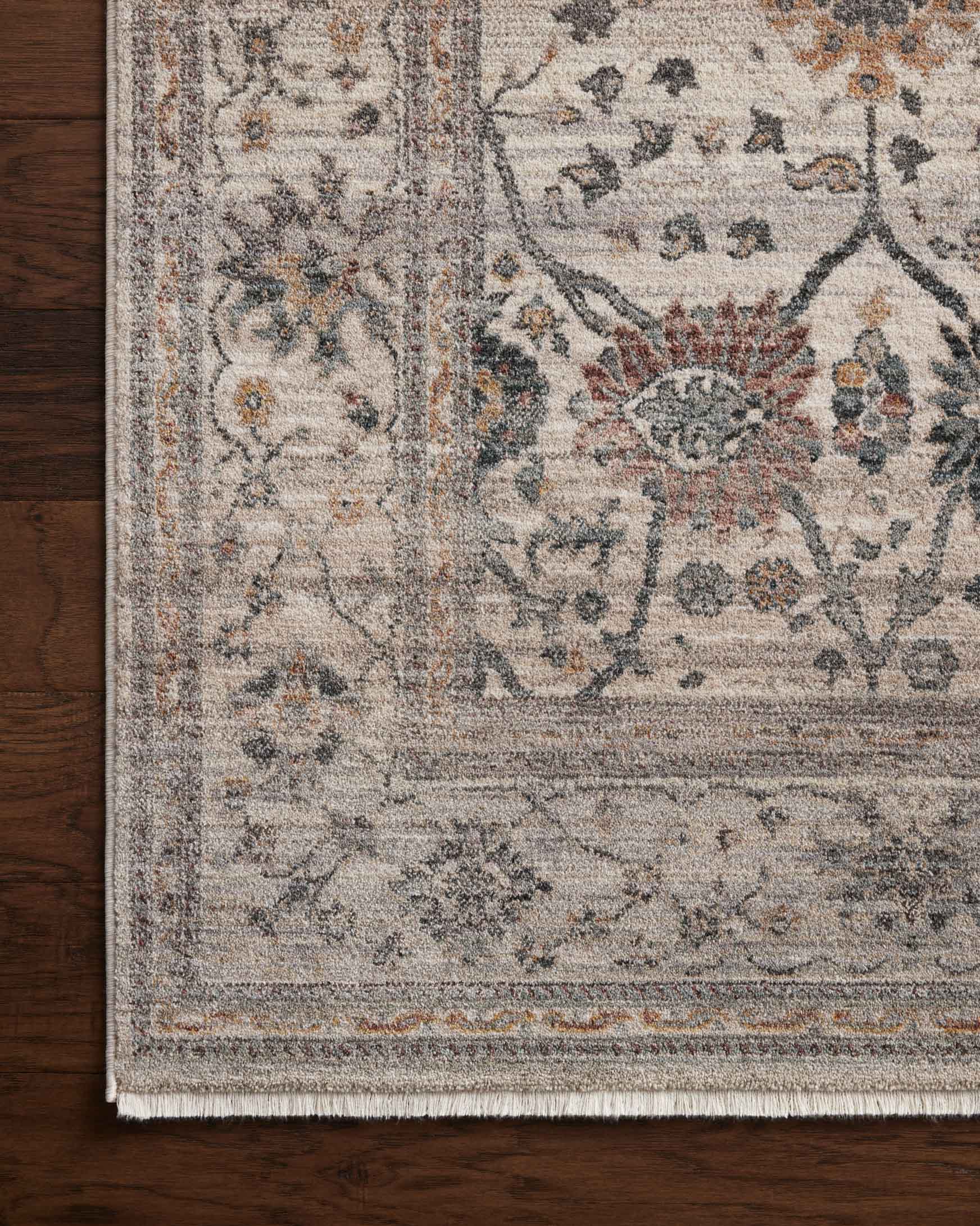 Close-up of gray and beige rug with intricate floral motifs and patterned border