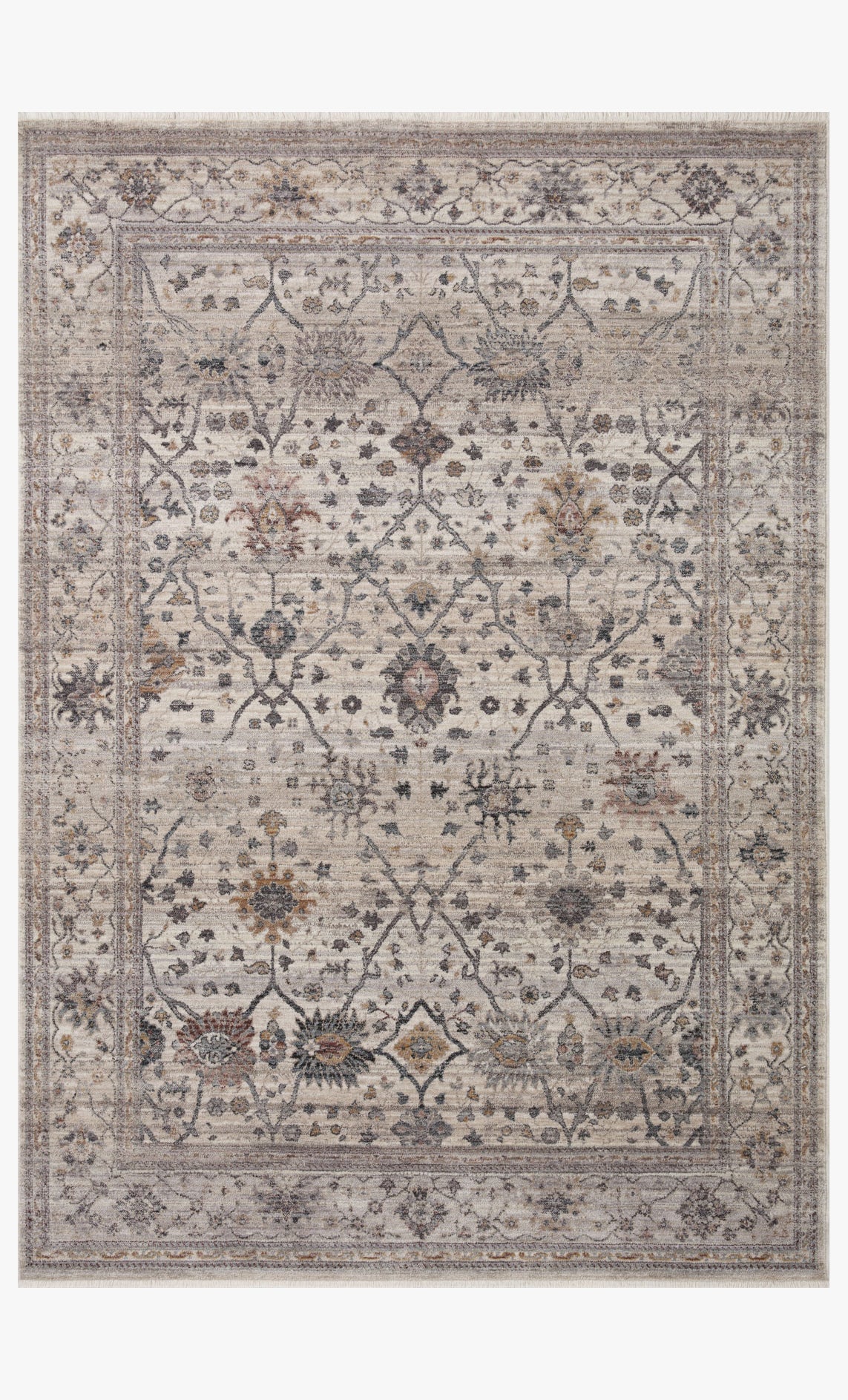 Rectangular area rug with light gray distressed pattern, central medallion, and border