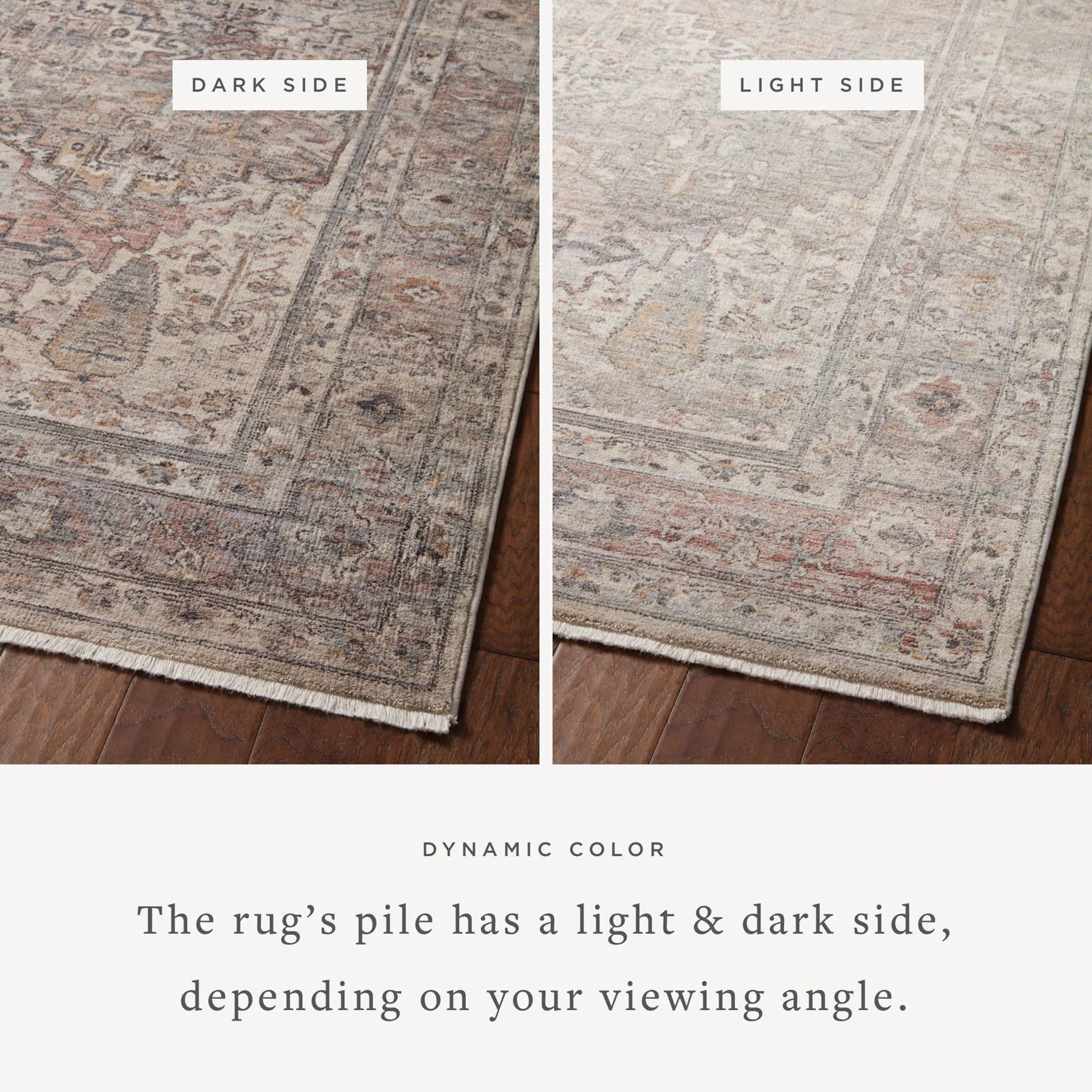 Distressed area rug showing light and dark pile tones with muted multicolor pattern
