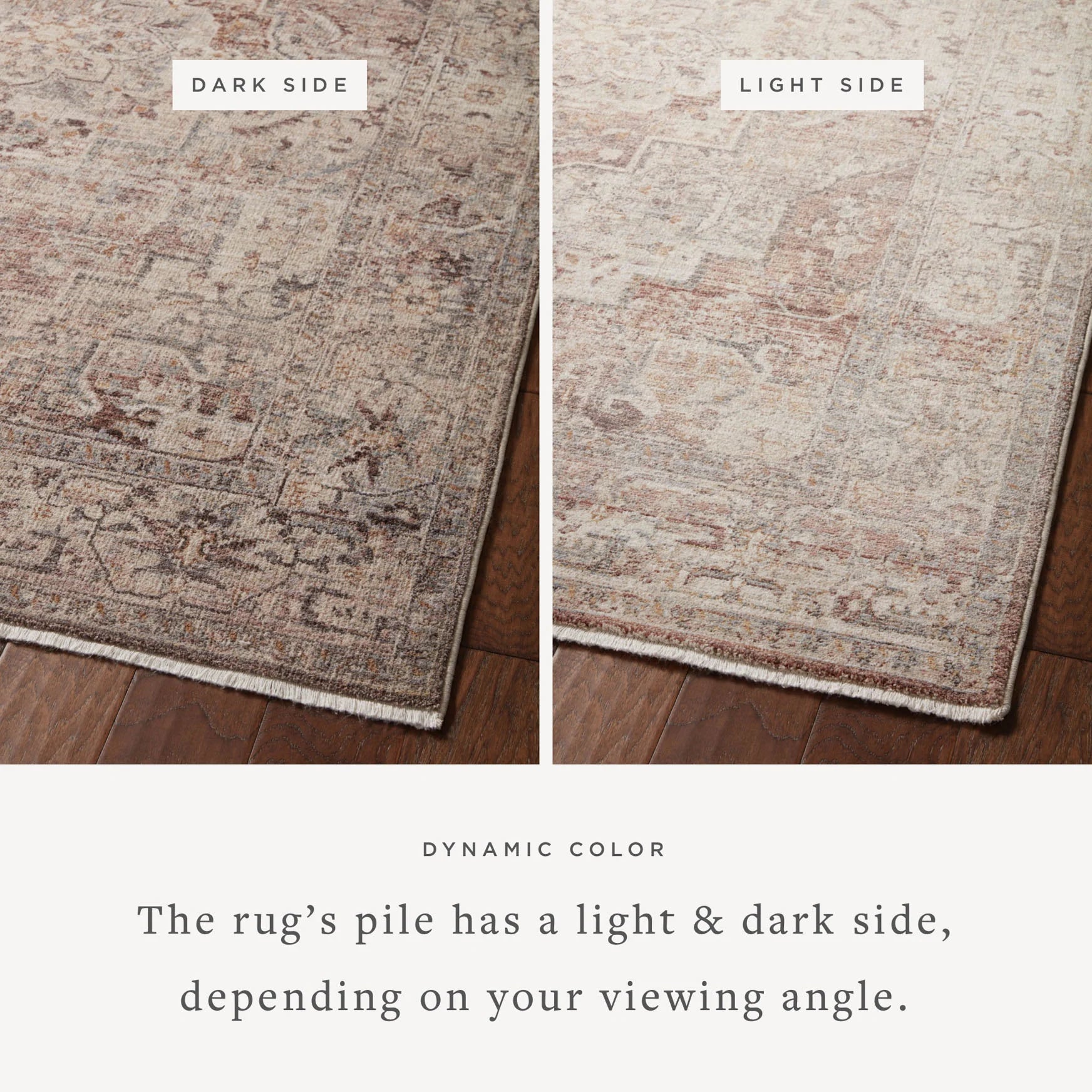 Area rug showing lighter and darker pile sides, beige and gray with subtle berry tones