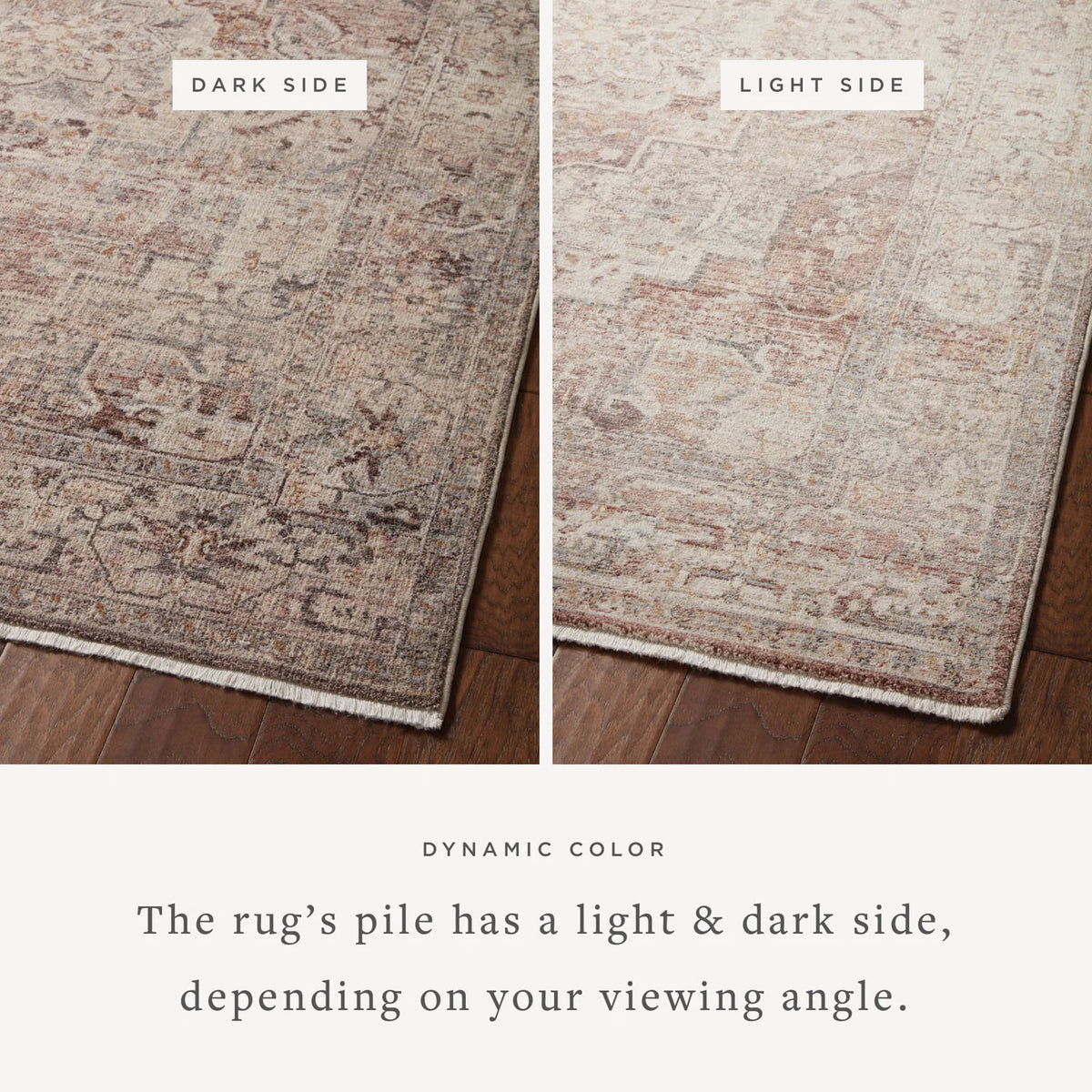 Rectangular rug showing light and dark sides of the multicolor pattern