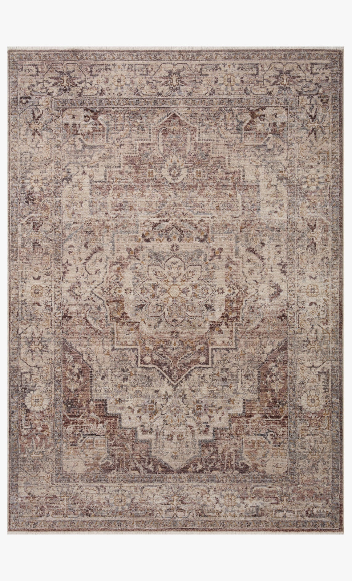 Ornate medallion area rug with distressed motifs and border, stone and berry tones
