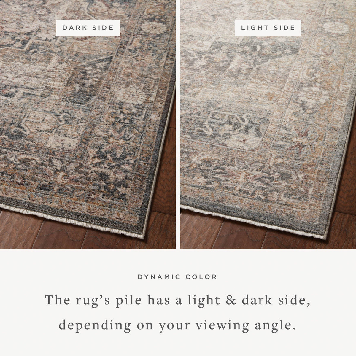 Denim and sand rug showing light and dark tones with distressed geometric motif.
