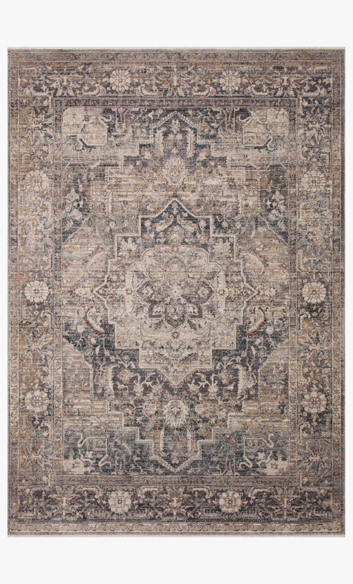 Large area rug with ornate medallion and distressed pattern in blue-gray and tan