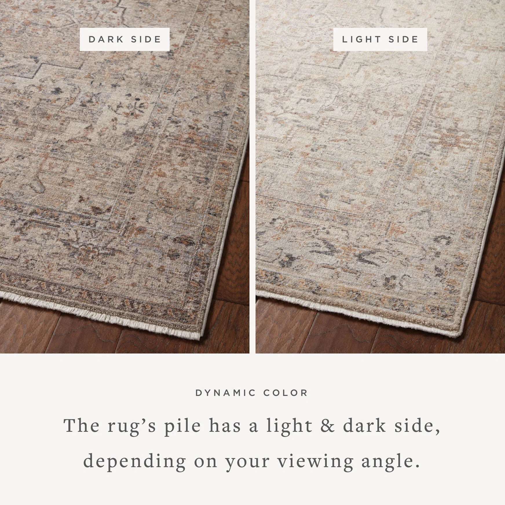 Rug with light and dark viewing sides, beige base with gold and charcoal speckling