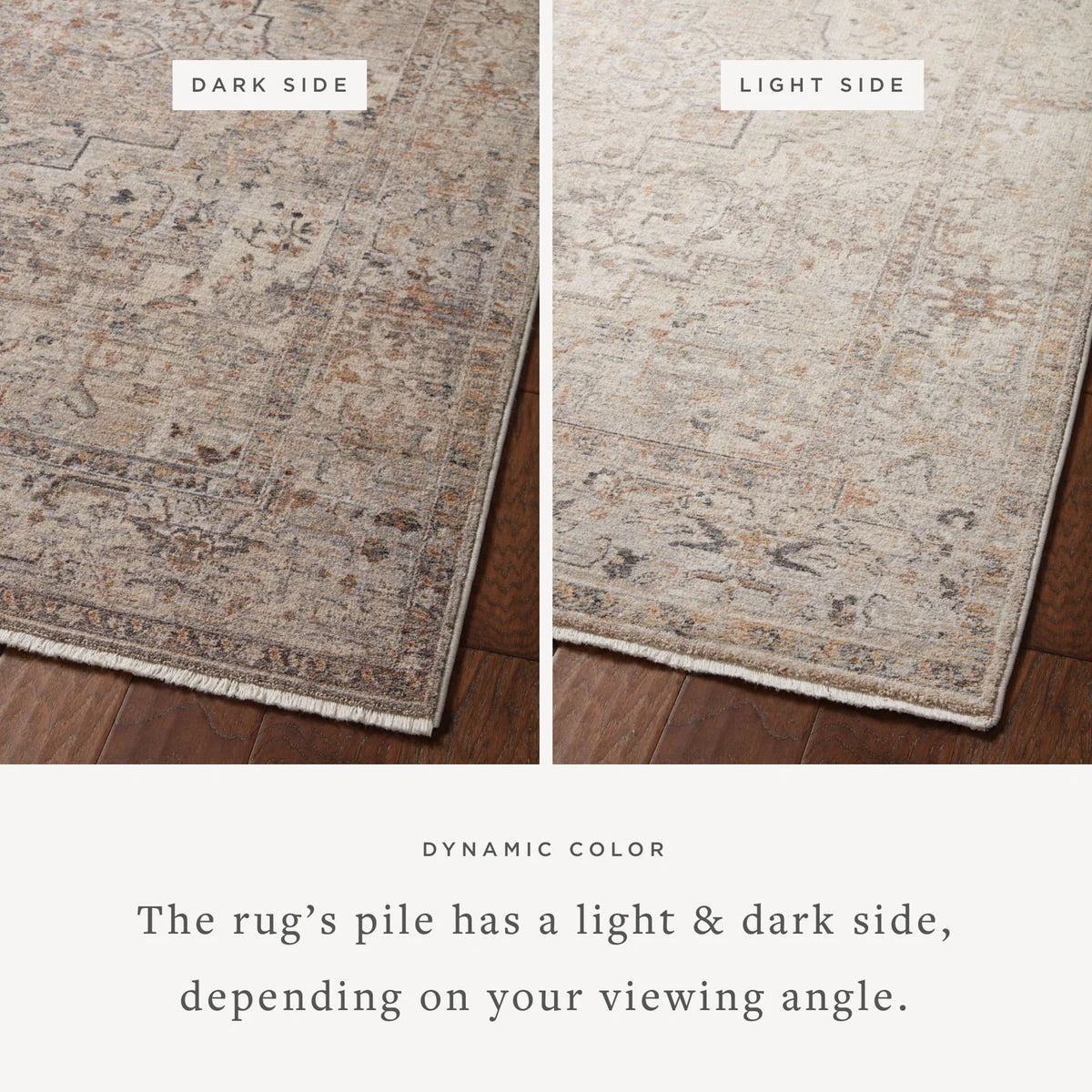 Reversible-style area rug showing light side and darker side from different angles