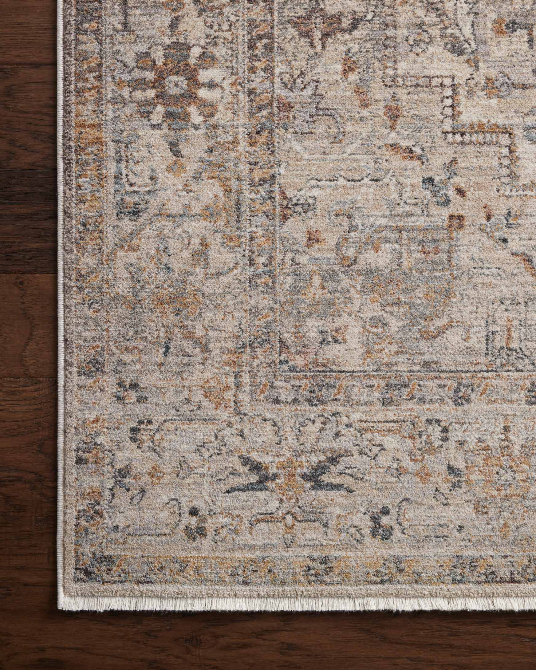 Close-up of distressed area rug with geometric pattern, tonal border, and short fringe