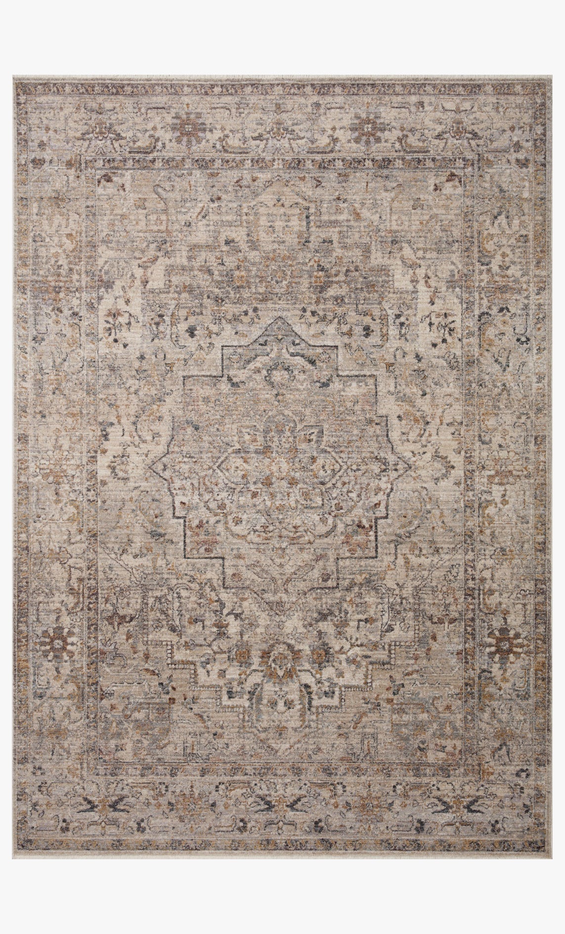 Natural and gold runner rug with central medallion and ornate vintage distressed pattern