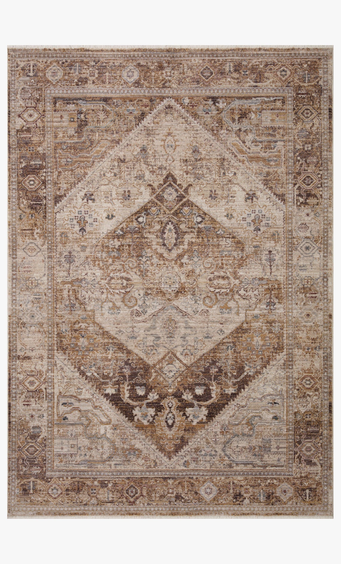 Natural and mocha runner rug with central diamond medallion and detailed border pattern