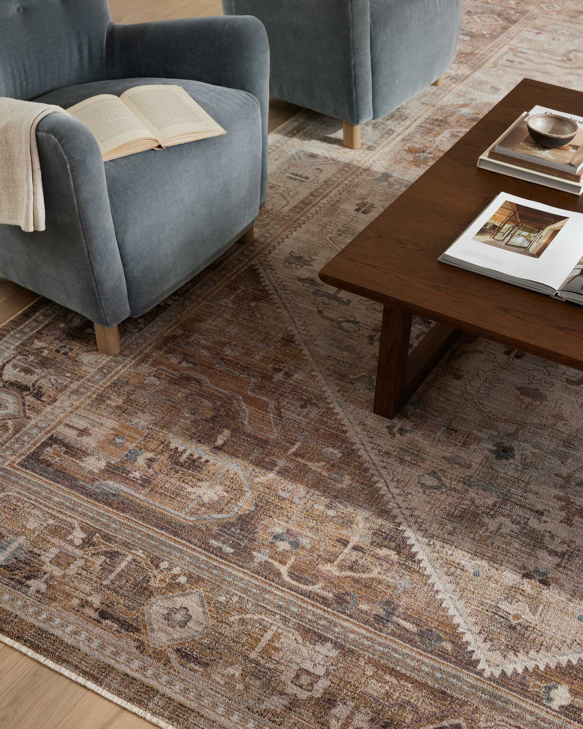 Natural and mocha distressed area rug with ornate pattern and worn texture