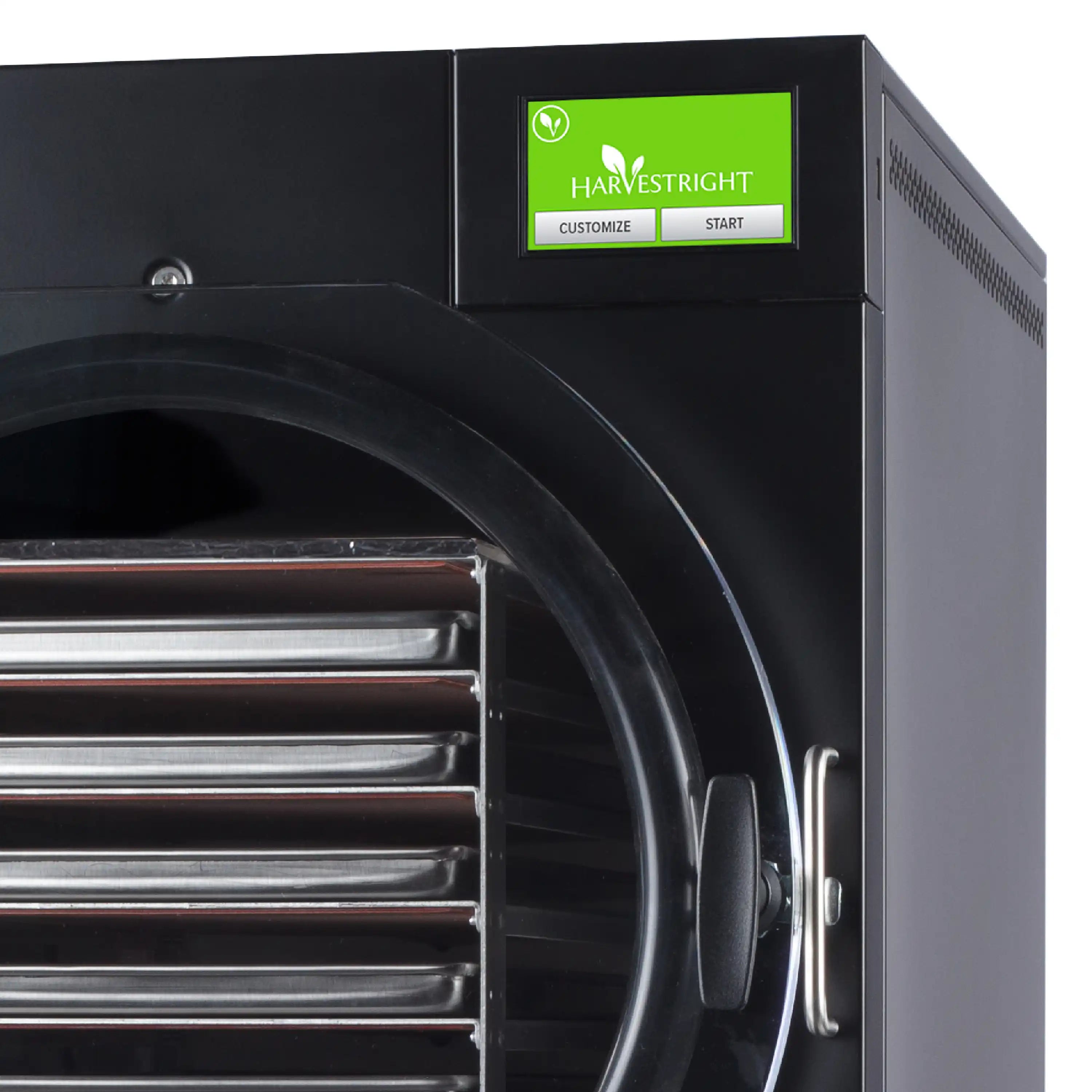 Black home freeze dryer with control panel and front circular chamber with trays
