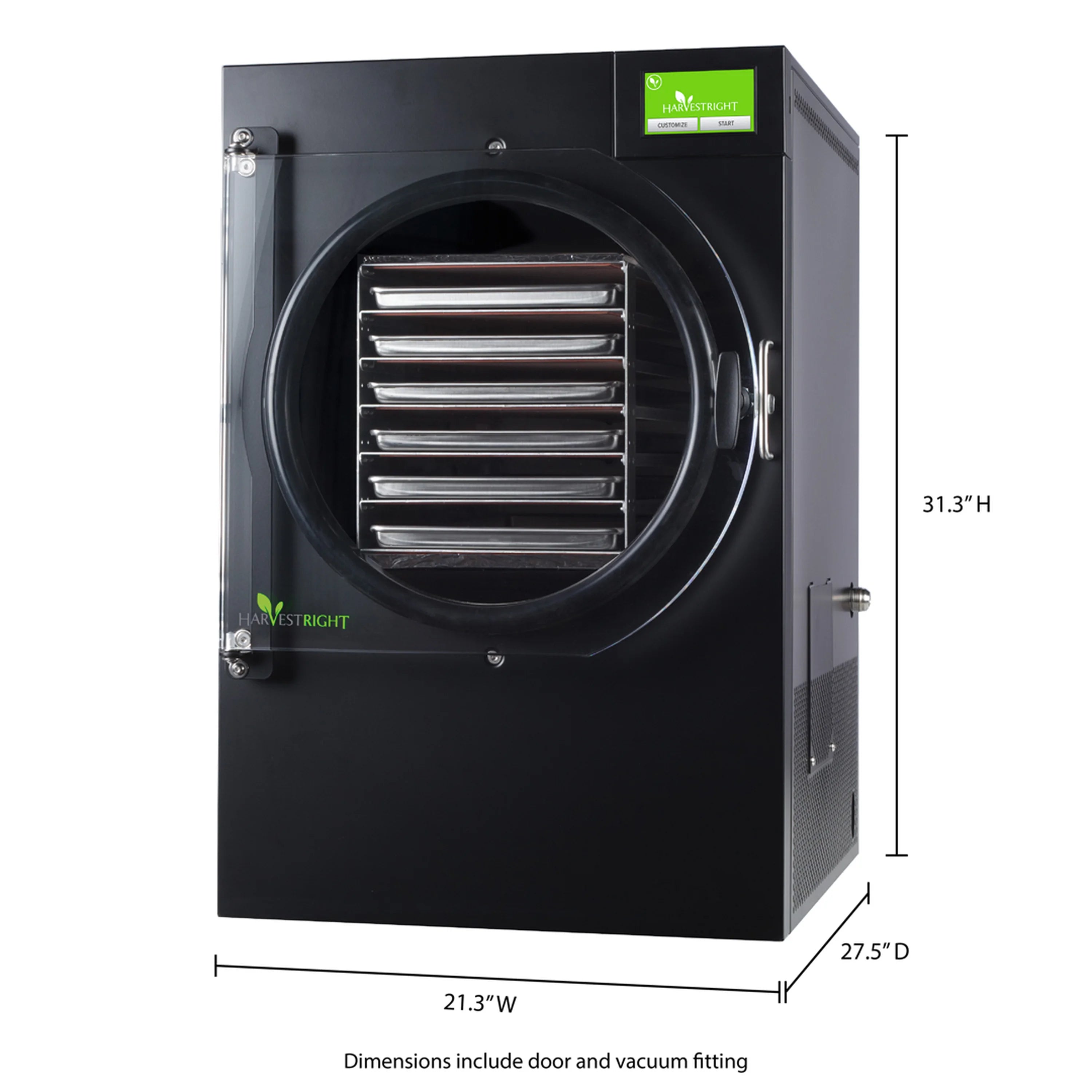 Black home freeze dryer front view with side door handle and circular chamber