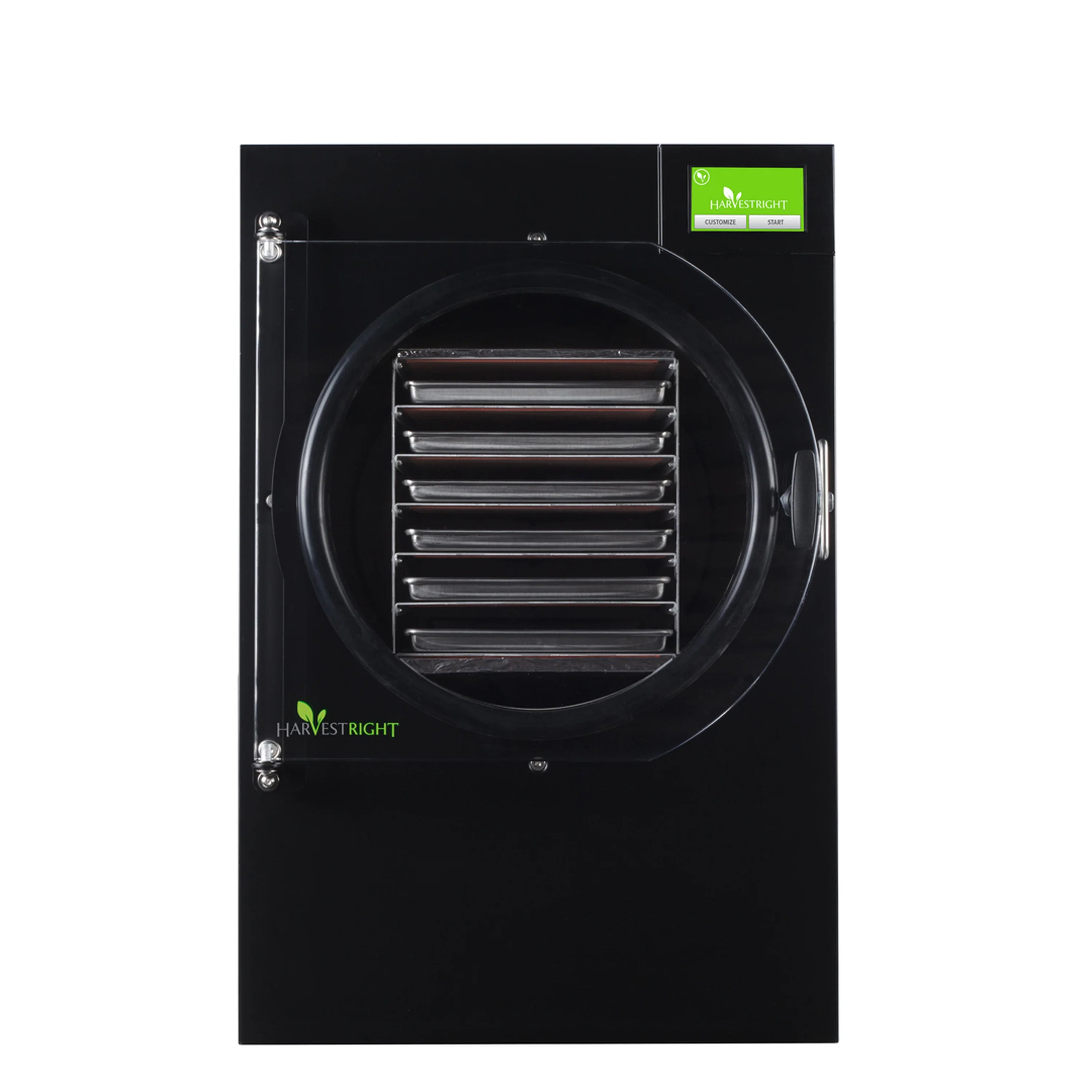 Black home freeze dryer with front circular chamber and stacked metal trays