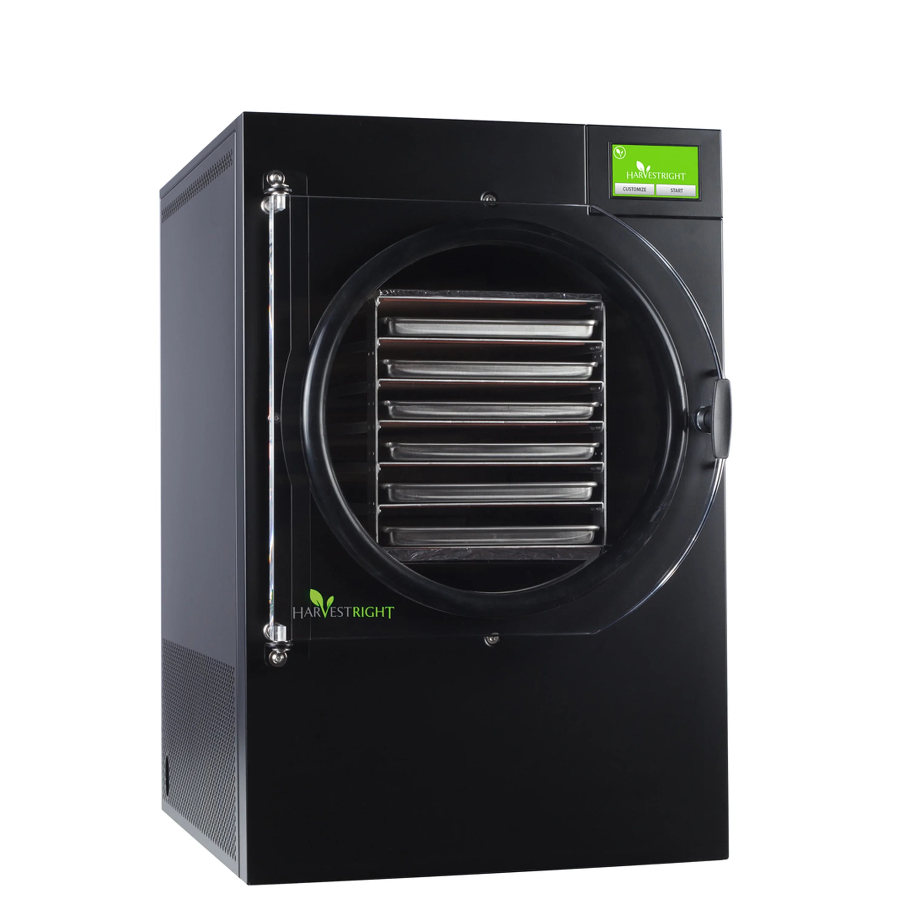 Black home freeze dryer with side view and front circular chamber with metal trays