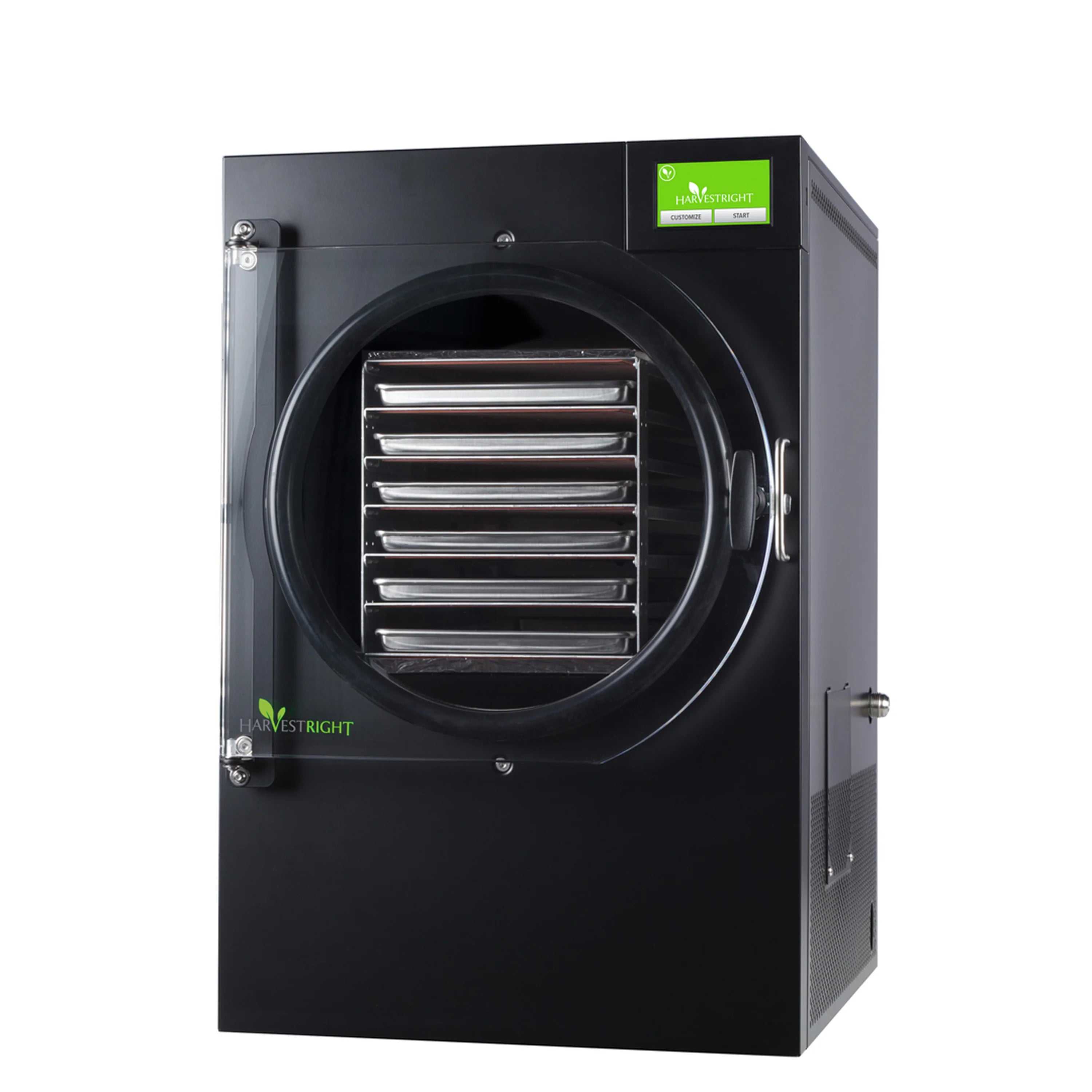 Black home freeze dryer with front circular chamber and open-side housing details