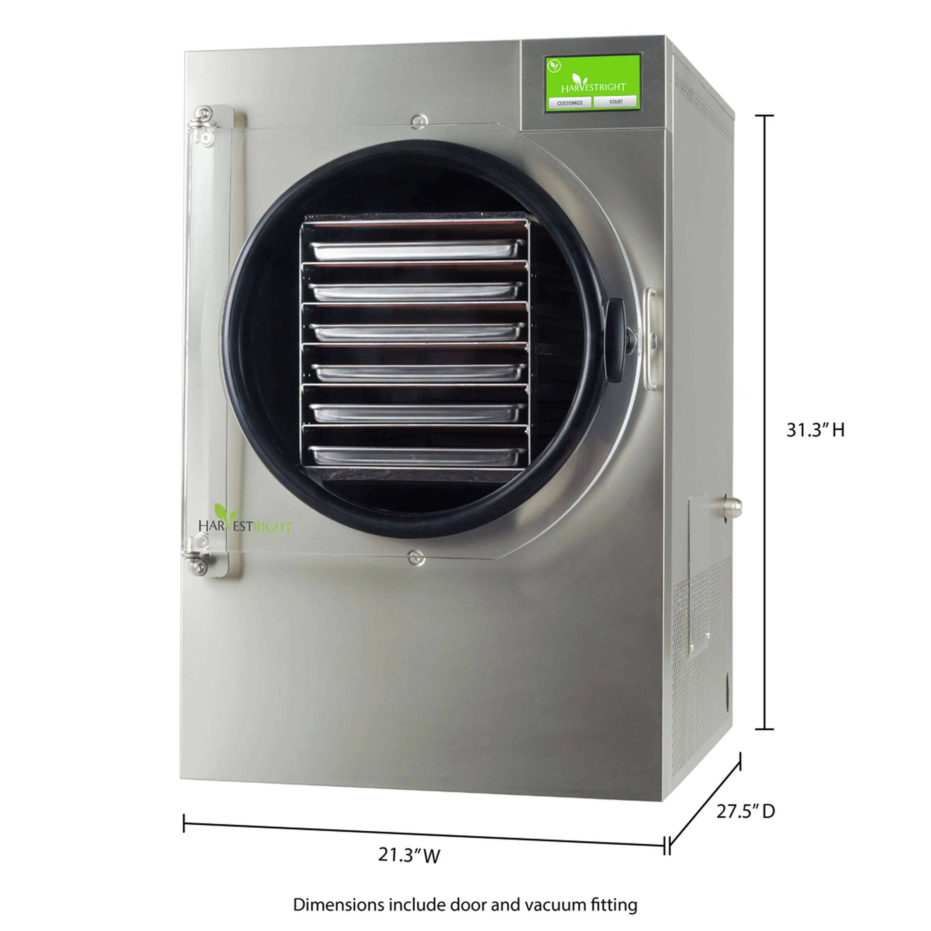 Stainless steel freeze dryer with round door and side handle, shown with dimensions