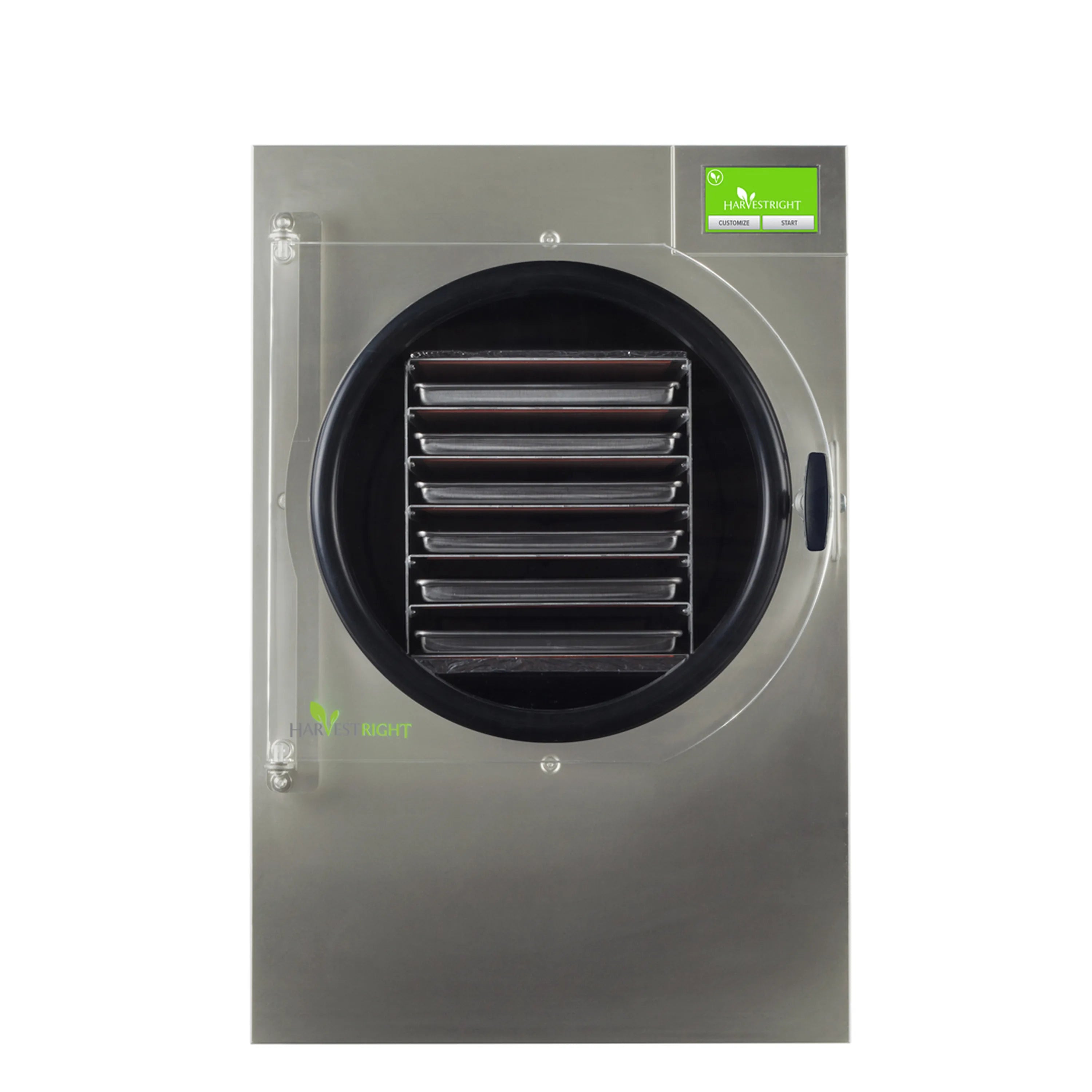 Stainless steel freeze dryer with round black door and horizontal drying racks