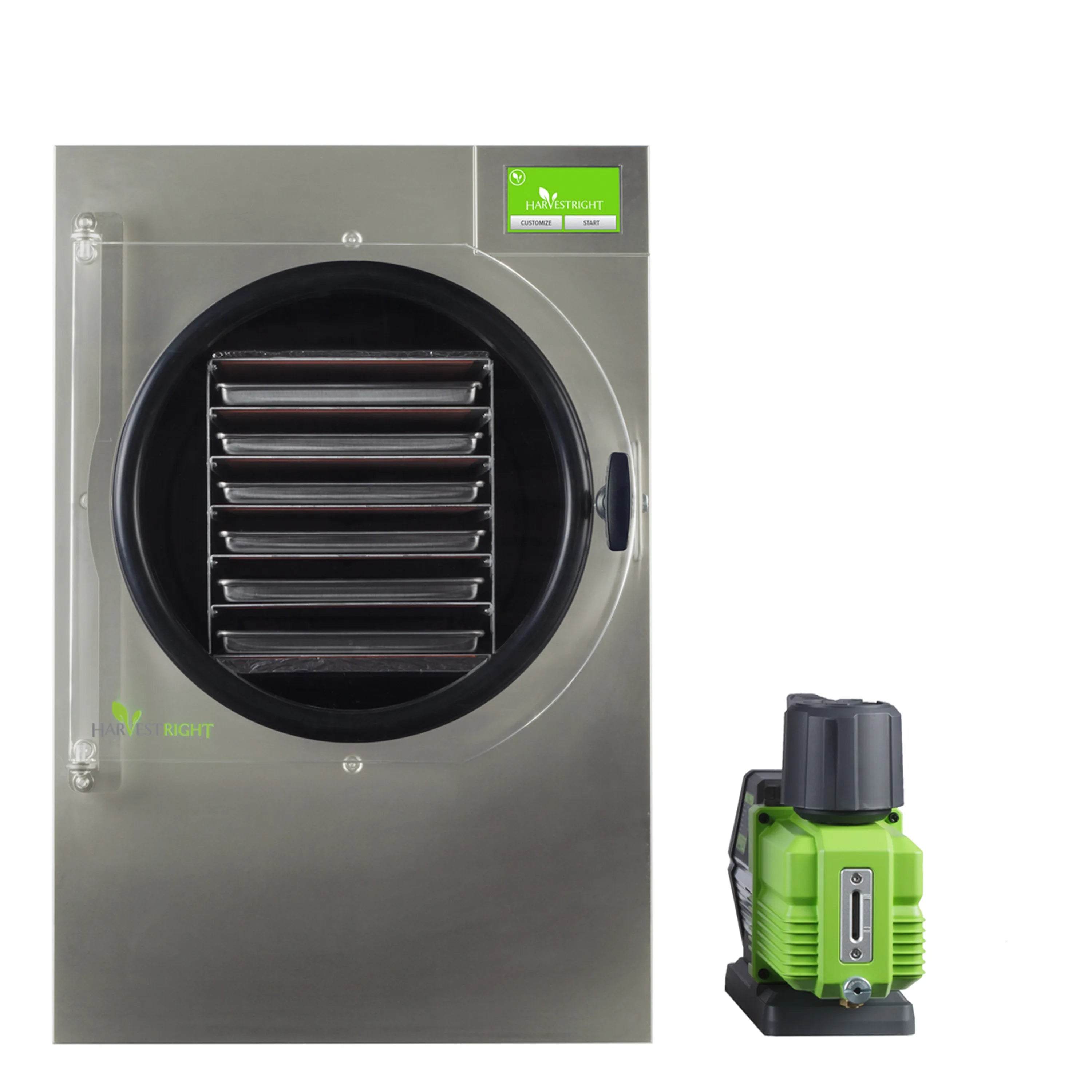 Stainless steel freeze dryer with round door, plus compact vacuum pump