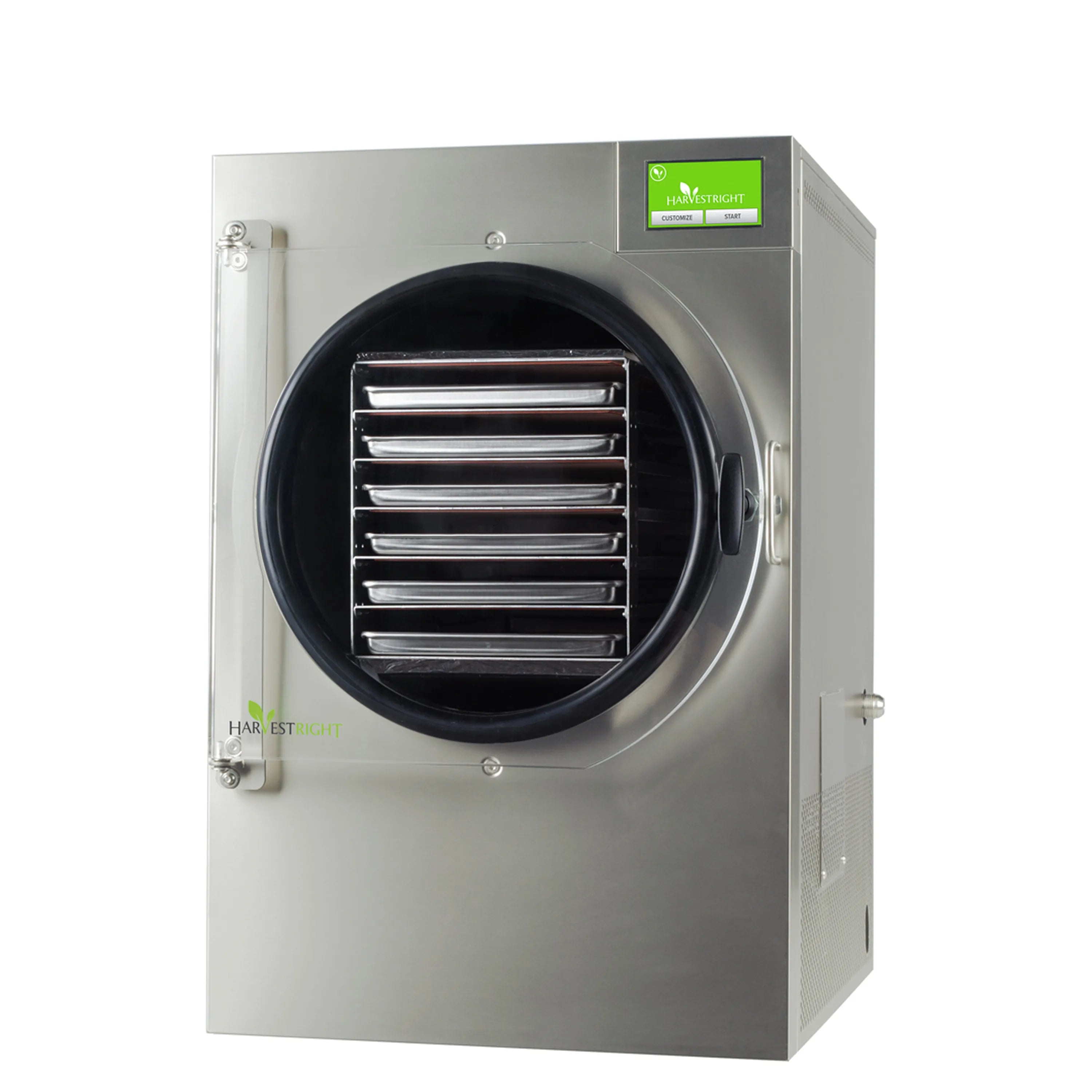 Stainless steel freeze dryer with round black door and front drying chamber