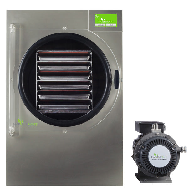 Stainless steel freeze dryer unit with round vacuum chamber and oil-free pump