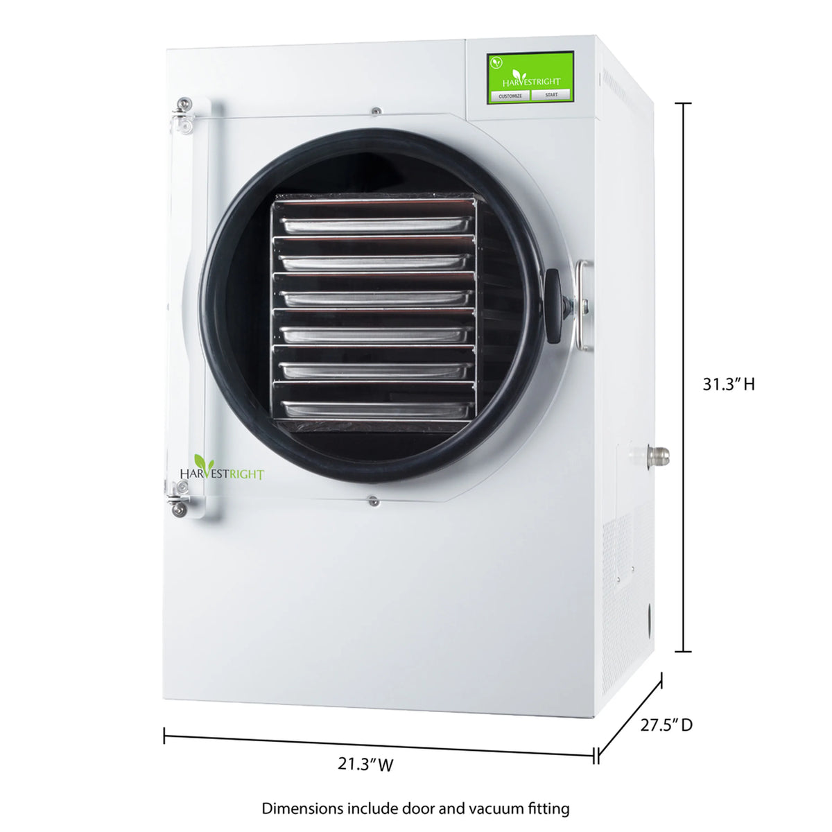 White large freeze dryer with round front door, shown with size measurements