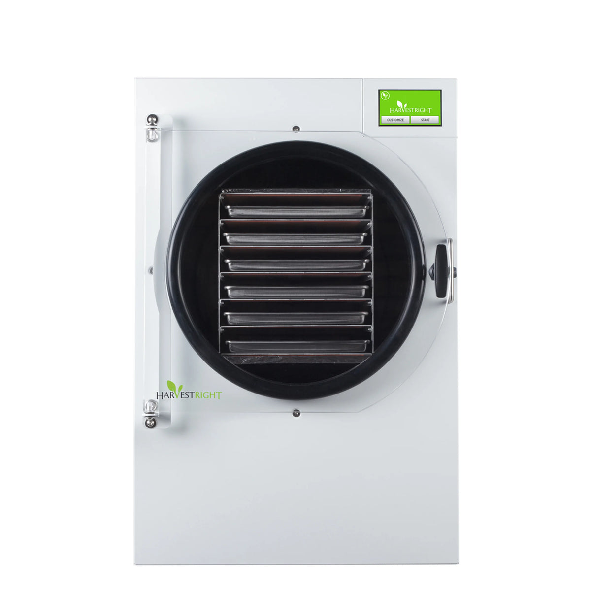 White large freeze dryer with front circular drying chamber and vented metal trays