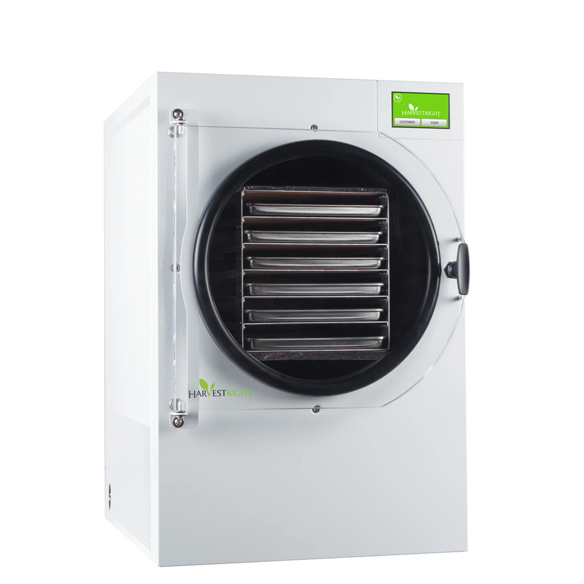 White freeze dryer with open door showing circular chamber and metal drying trays