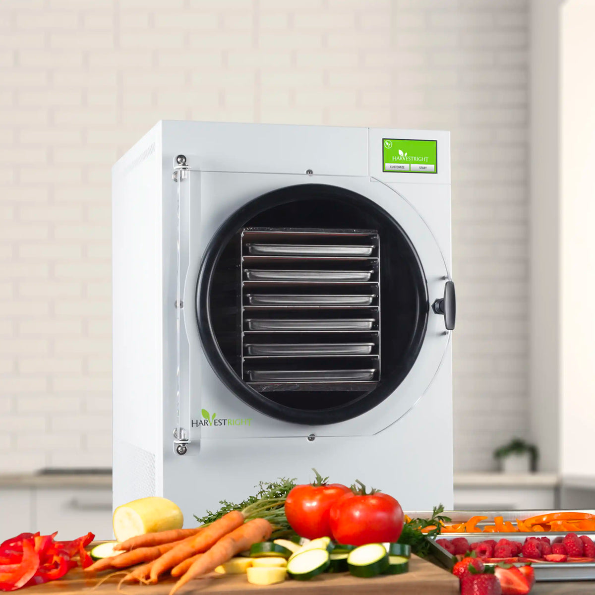 White freeze dryer with circular door, with vegetables placed beside the machine