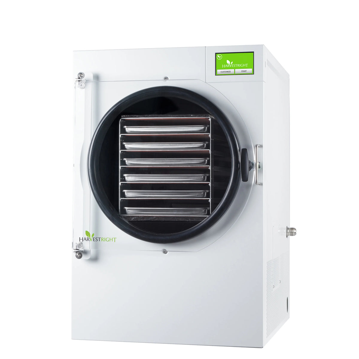 White large freeze dryer with front circular door and metal drying tray rack