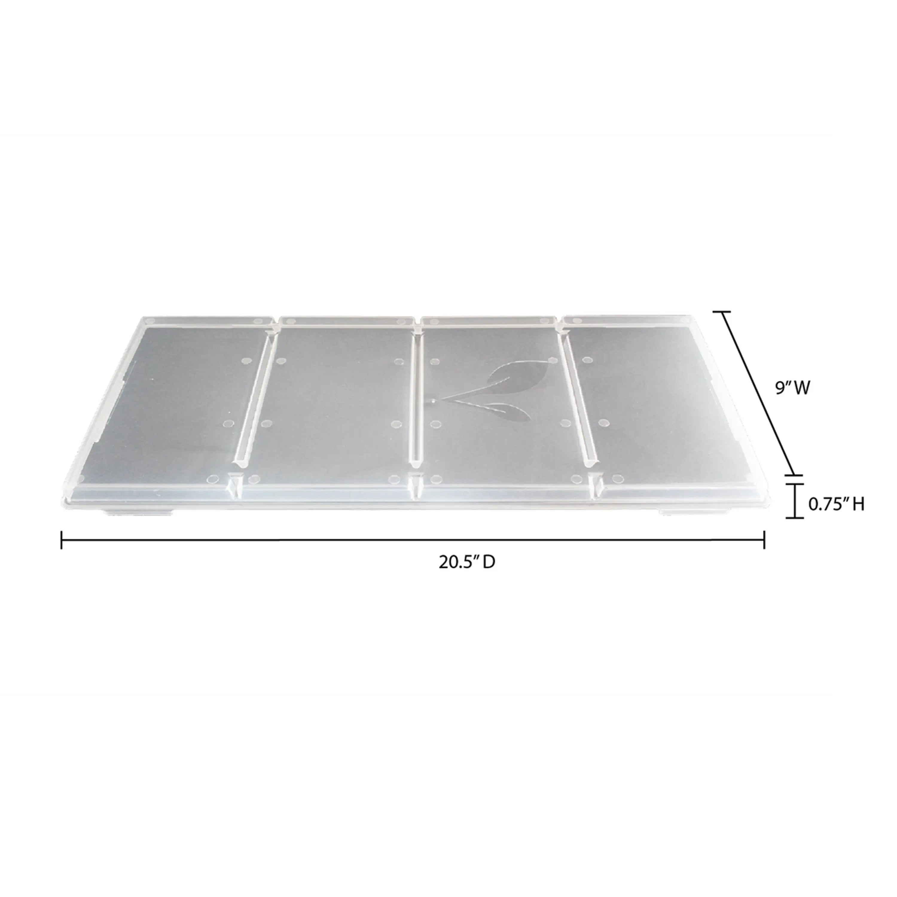 Clear tray lid with size markings: 20.5 in D, 9 in W, 0.75 in H