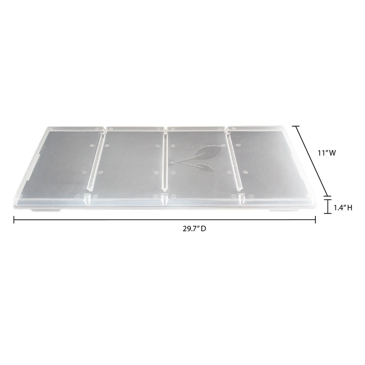 Clear plastic tray lid with visible measurement arrows for size